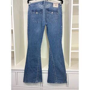 True Religion Womens Wing Embroidered Flare Jeans Blue Medium Wash Denim Size 34